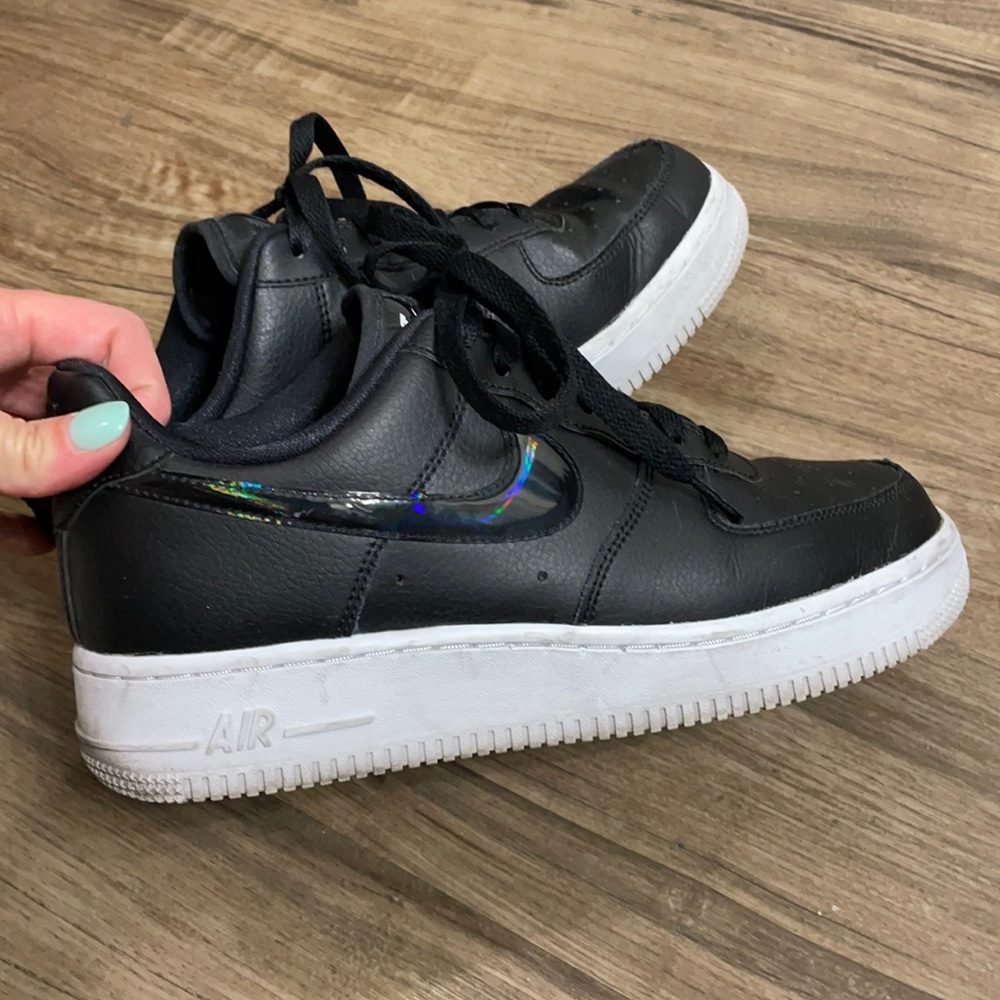 Nike AF 1’s - black w/ iridescent swoosh - 8